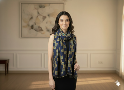 Dark Blue Traditional Printed Semi Pashimna Woolen Fabric