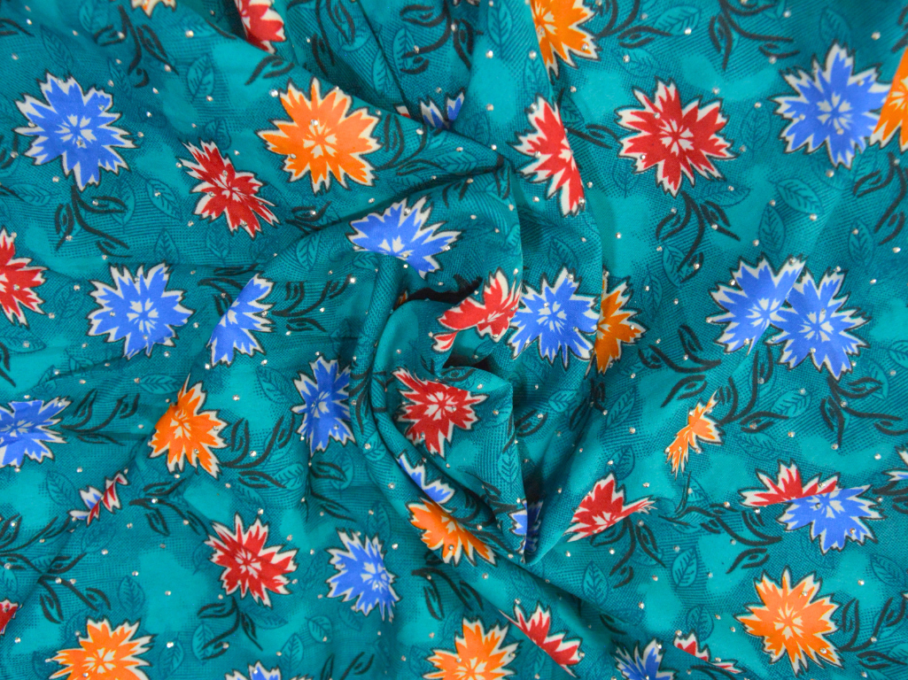 Teal Blue Floral Digitally Printed Butter Crepe Fabric