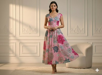 बेबी पिंक फ्लोरल सेक्विन वर्क ऑर्गेना फैब्रिक