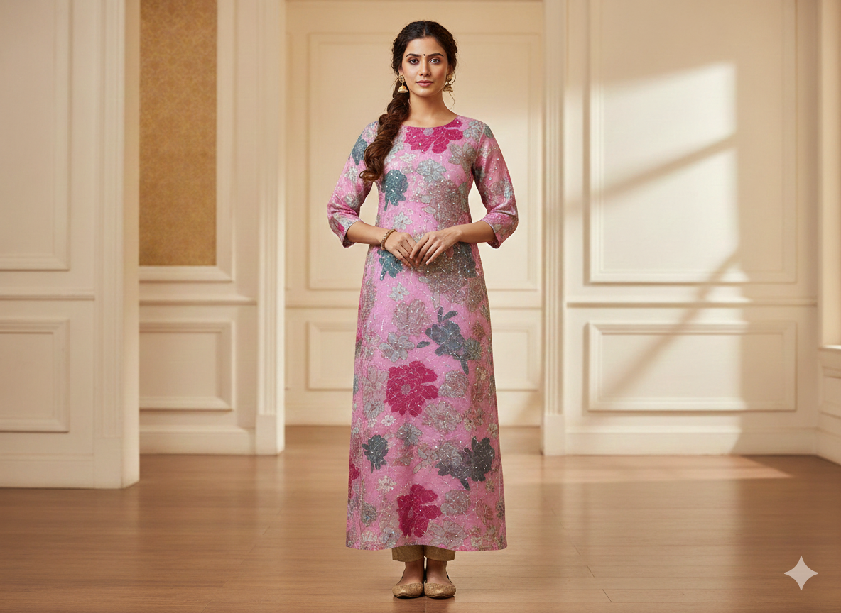 बेबी पिंक फ्लोरल सेक्विन वर्क ऑर्गेना फैब्रिक