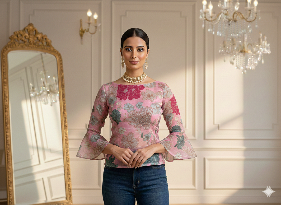 बेबी पिंक फ्लोरल सेक्विन वर्क ऑर्गेना फैब्रिक