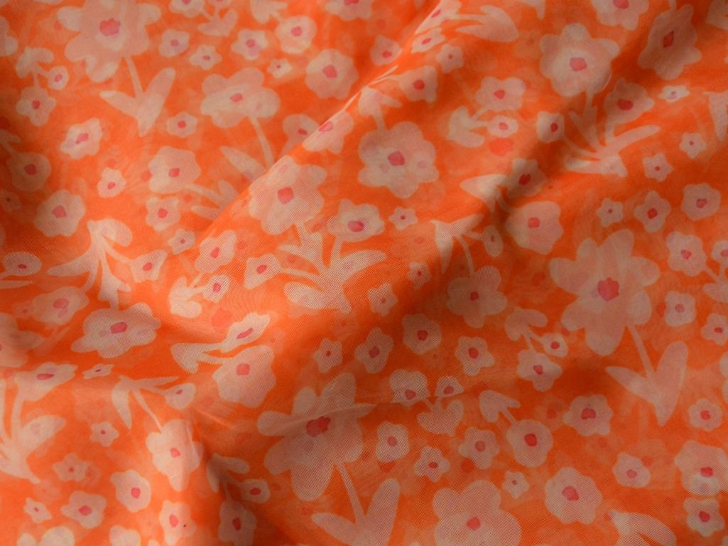 Orange Floral Digital Printed Liquid Organza Fabric