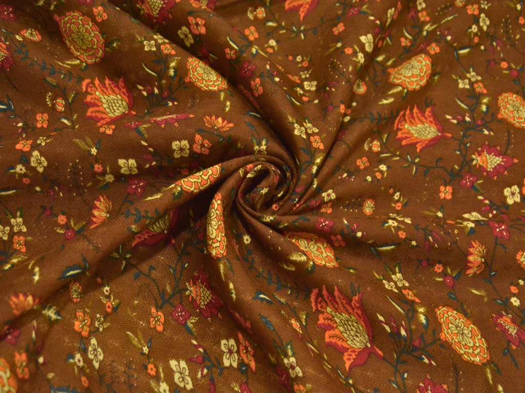 Muddy Brown Floral Printed Semi Pashimna Woolen Fabric