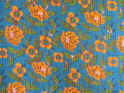 Sky Blue Floral Pure Cotton Kantha Fabric