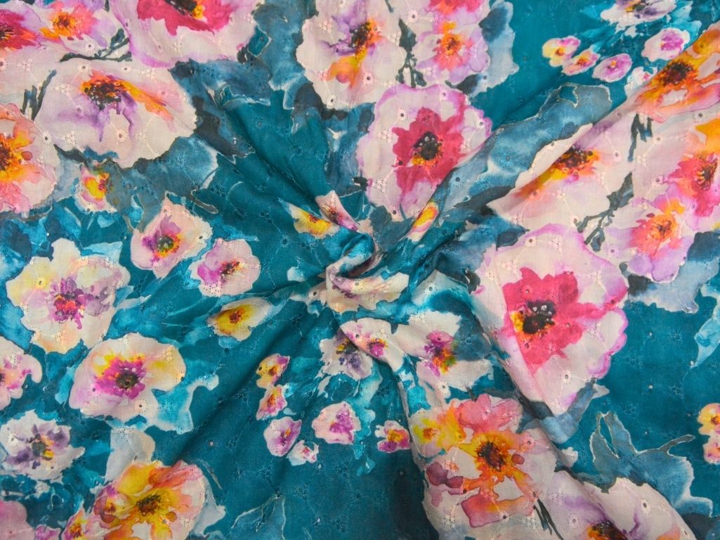 Sea Green 100 % Pure Cotton Chikan Embroidered Fabric