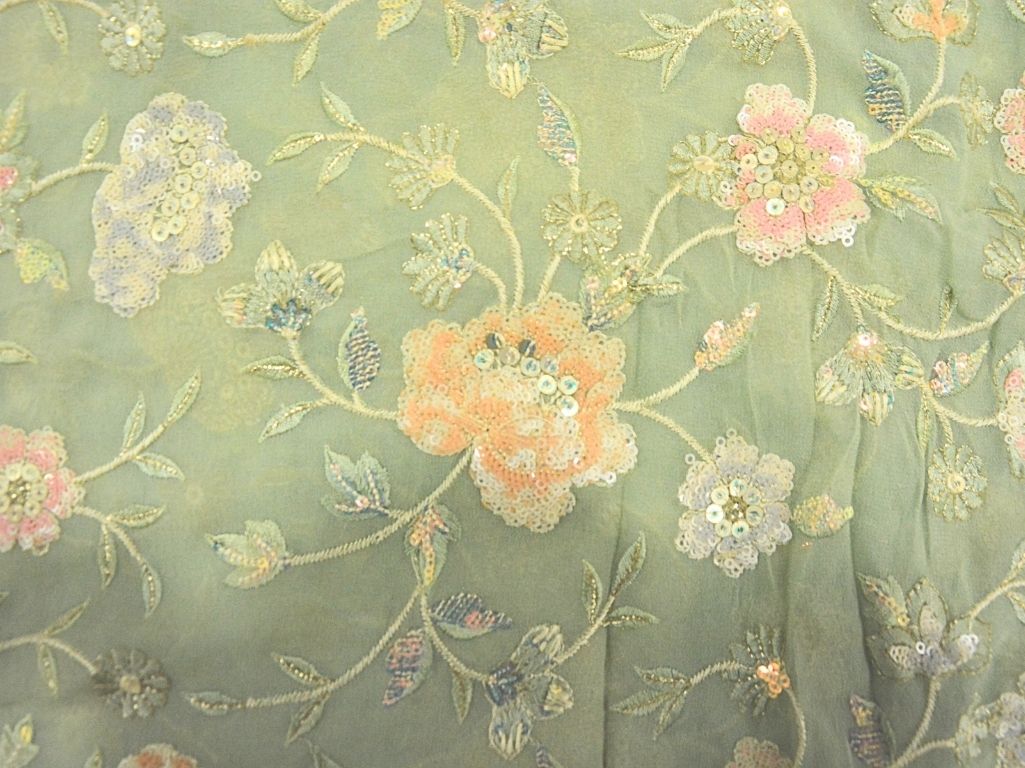 Green Pure Viscose Georgette Fabric With Sequins Embroidered Fabric