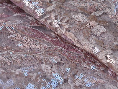 Baby Pink Floral Sequins Embroidered Leheriya Net Fabric