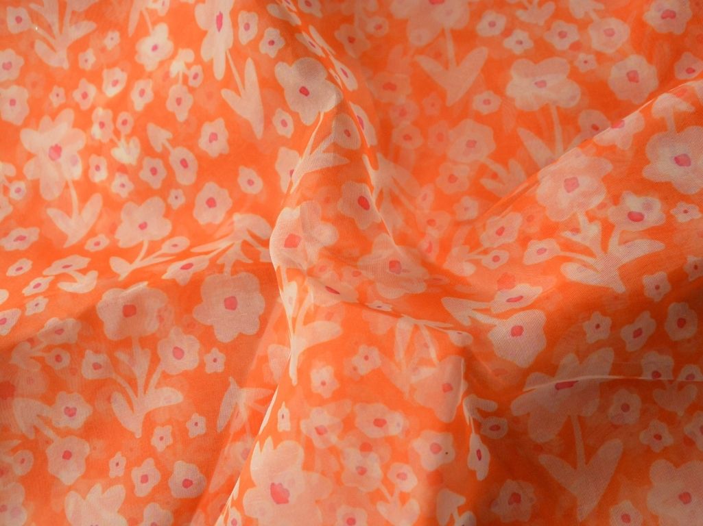 Orange Floral Digital Printed Liquid Organza Fabric