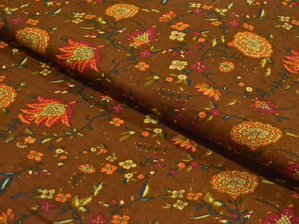 Muddy Brown Floral Printed Semi Pashimna Woolen Fabric