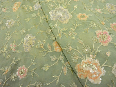 Green Pure Viscose Georgette Fabric With Sequins Embroidered Fabric