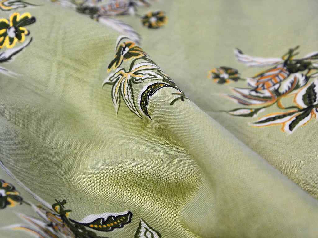 Soft Green Floral Foil Printed Semi Cotton Fabric