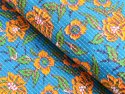 Sky Blue Floral Pure Cotton Kantha Fabric