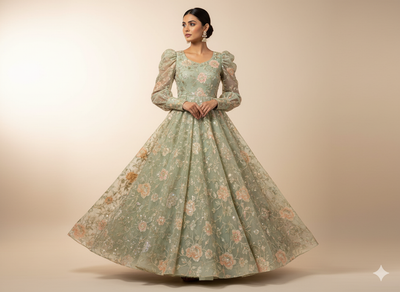Green Pure Viscose Georgette Fabric With Sequins Embroidered Fabric