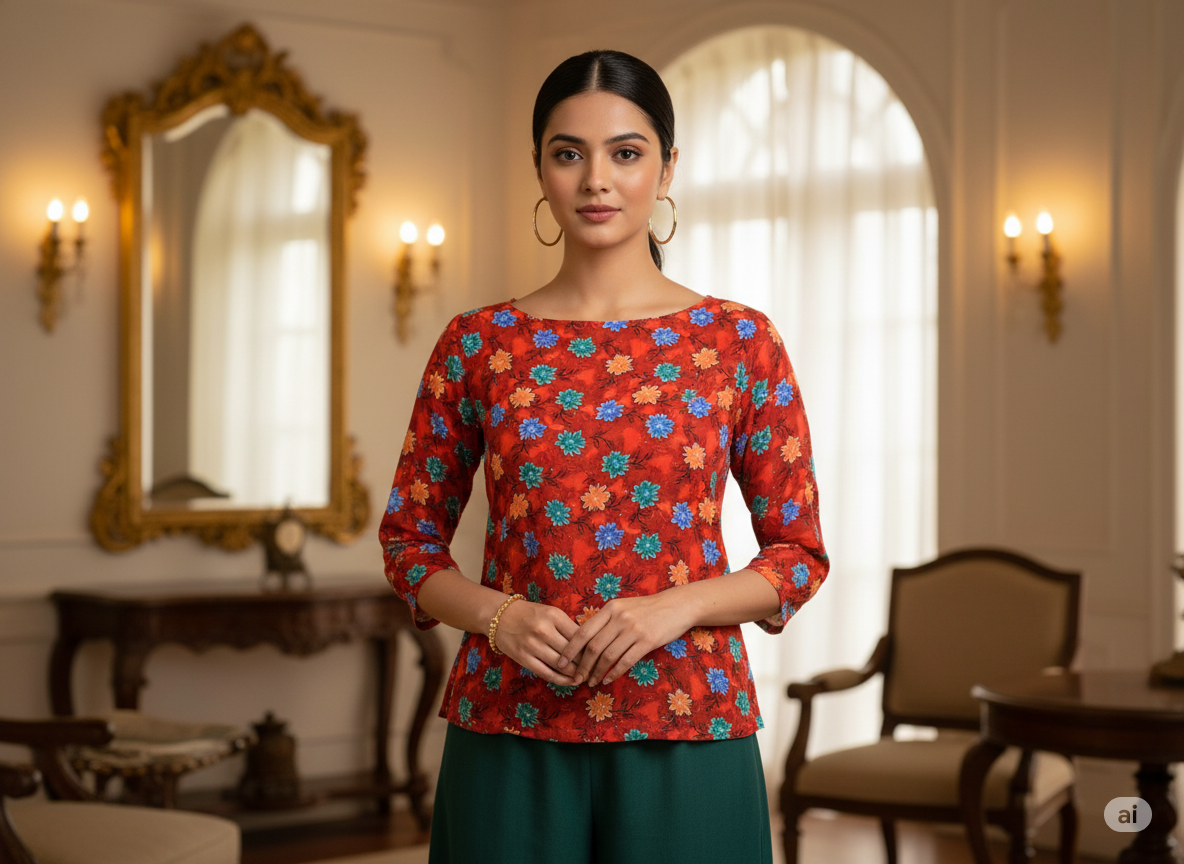 Orange Floral Digitally Printed Butter Crepe Fabric