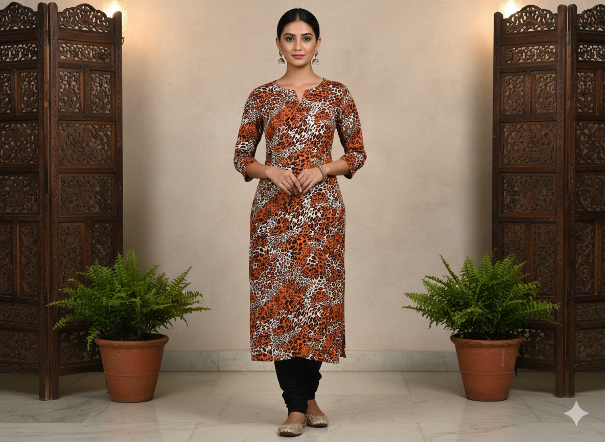 Orange Leopard Digitally Printed Butter Crepe Fabric