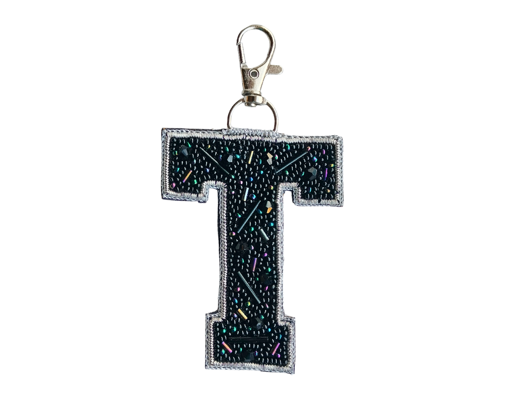 Black Cutdana 'T' Alphabet Bag Charm