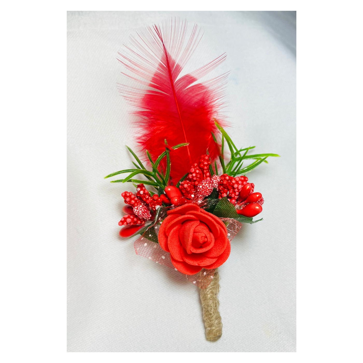 Red Faux Feather Flower Brooch