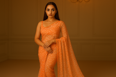 Orange Floral Digital Printed Liquid Organza Fabric