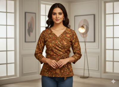 Muddy Brown Floral Printed Semi Pashimna Woolen Fabric