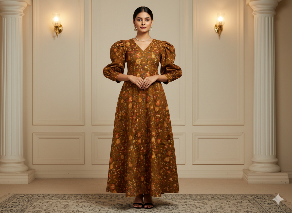 Muddy Brown Floral Printed Semi Pashimna Woolen Fabric