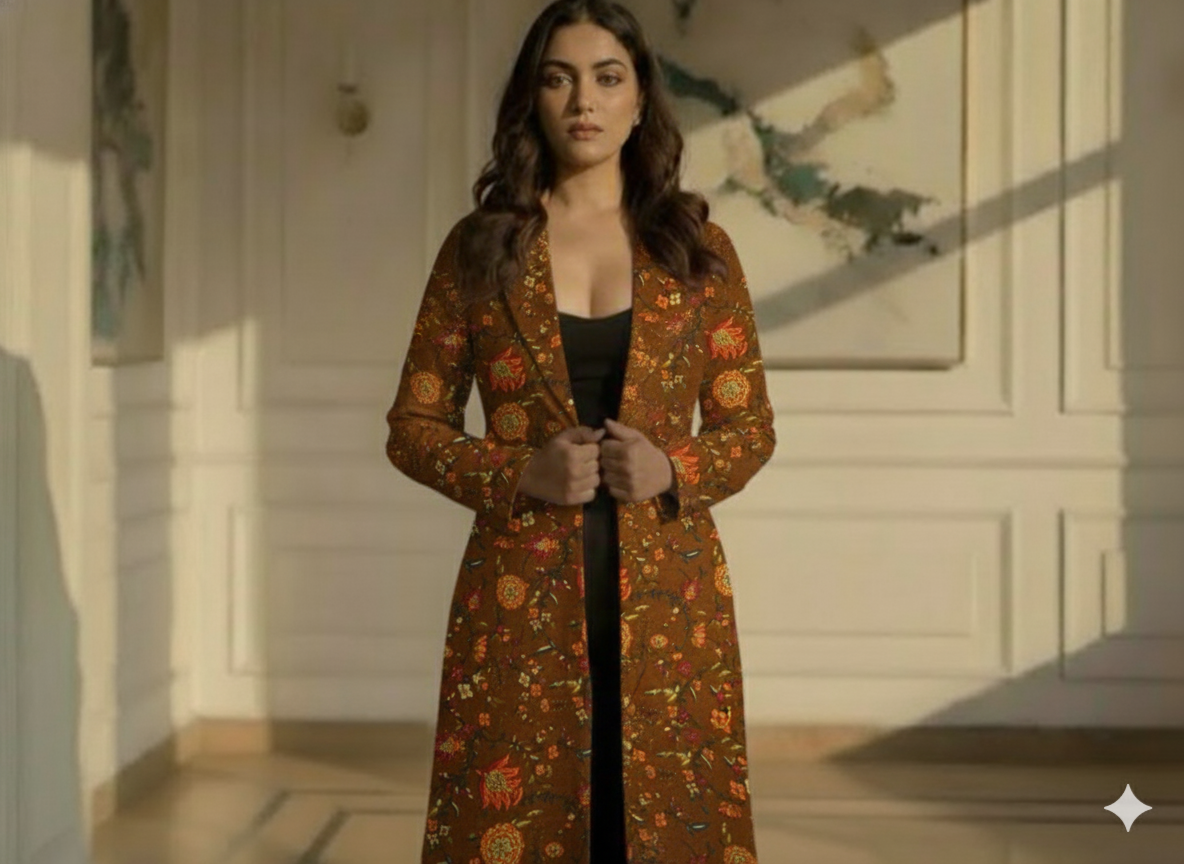 Muddy Brown Floral Printed Semi Pashimna Woolen Fabric