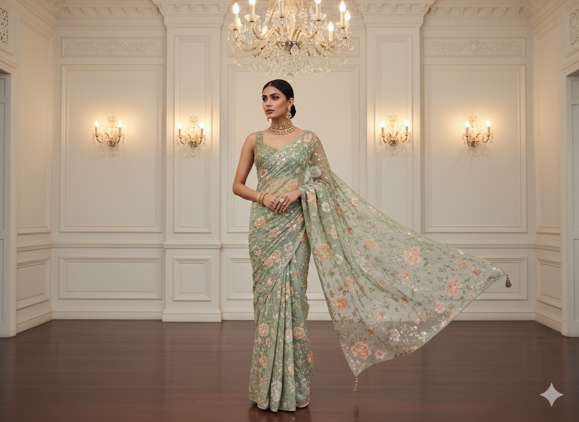 Green Pure Viscose Georgette Fabric With Sequins Embroidered Fabric