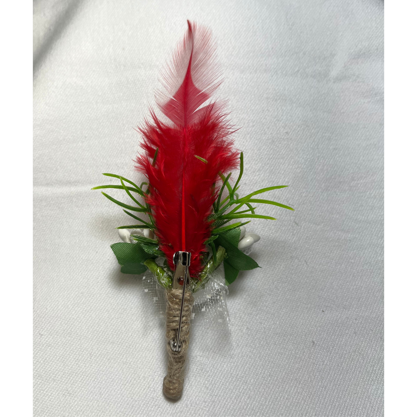 White And Red Faux Feather Flower Brooch