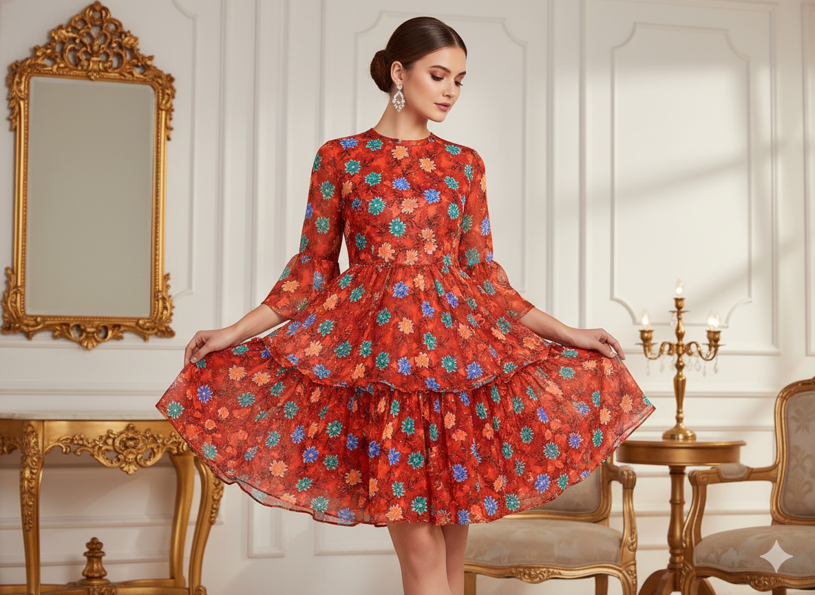 Orange Floral Digitally Printed Butter Crepe Fabric