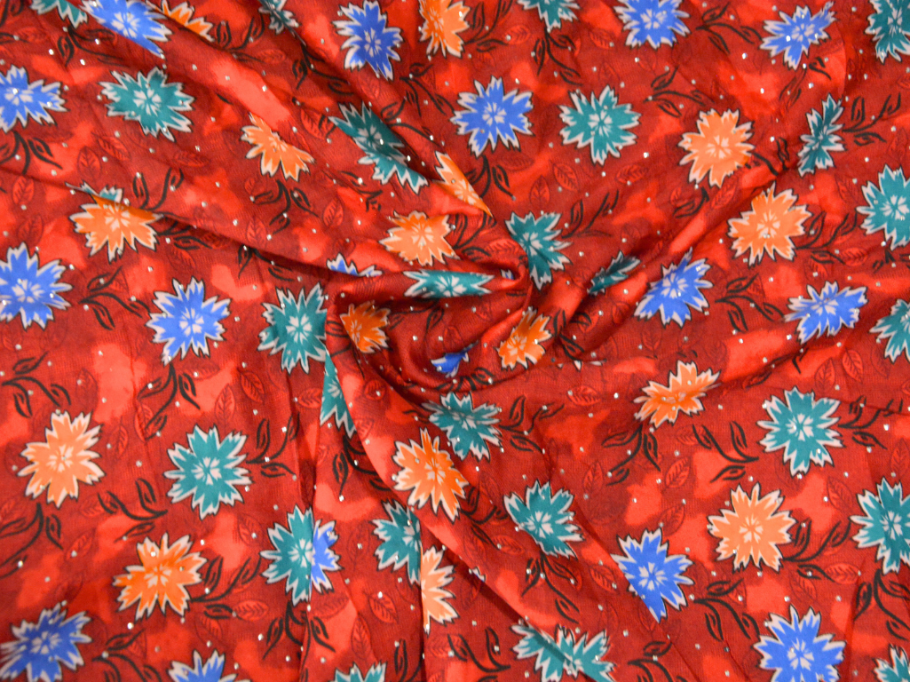 Orange Floral Digitally Printed Butter Crepe Fabric
