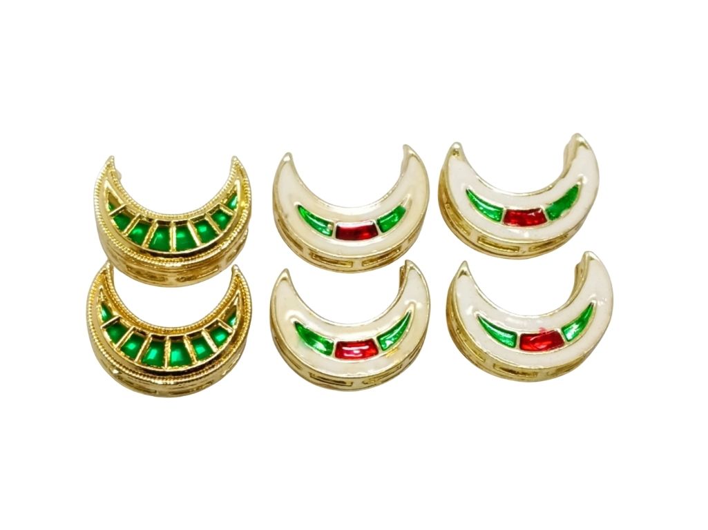 Green & Off White Moon Shaped Kundan Stones