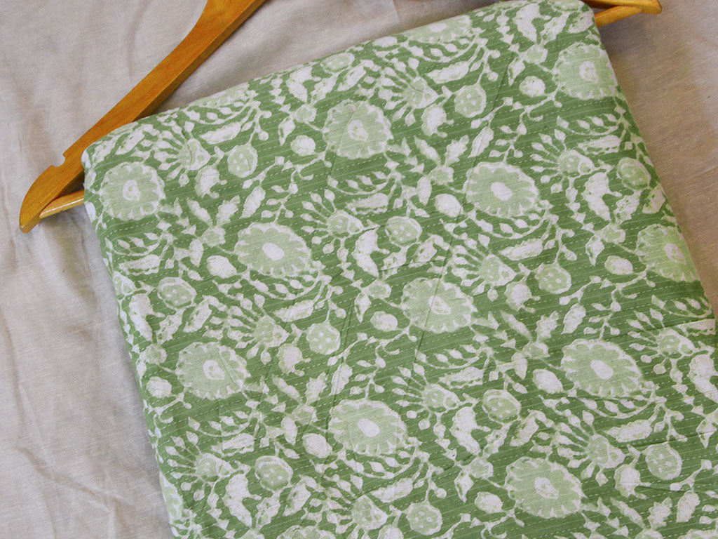 Pista Green Floral Pure Cotton Kantha Fabric