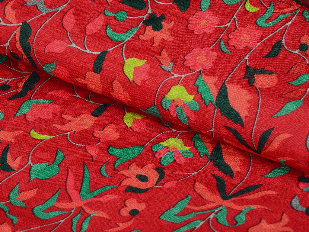 Dark Red Floral Semi Pashmina Wool Fabric
