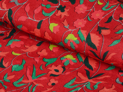 Dark Red Floral Semi Pashmina Wool Fabric
