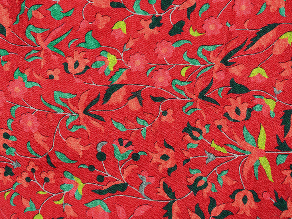 Dark Red Floral Semi Pashmina Wool Fabric