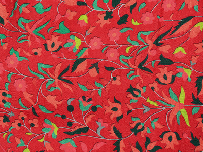 Dark Red Floral Semi Pashmina Wool Fabric
