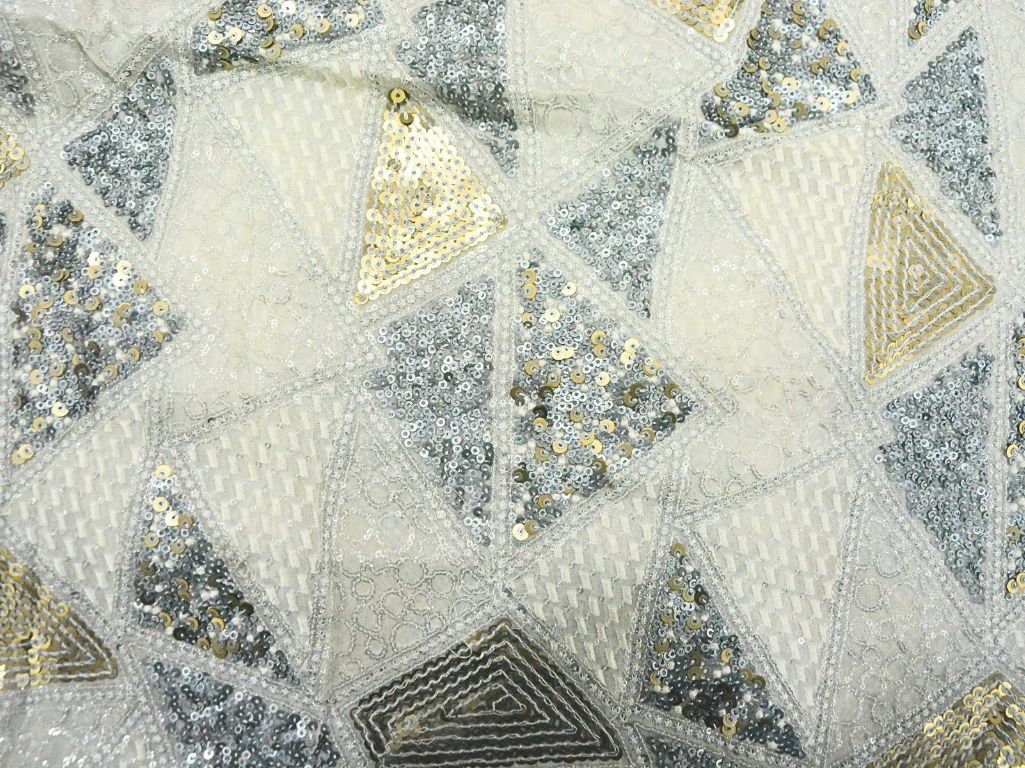 White Pure Viscose Georgette With Sequins Embroidered Fabric