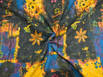 Multicolor 100 % Pure Cotton Chikan Embroidered Fabric