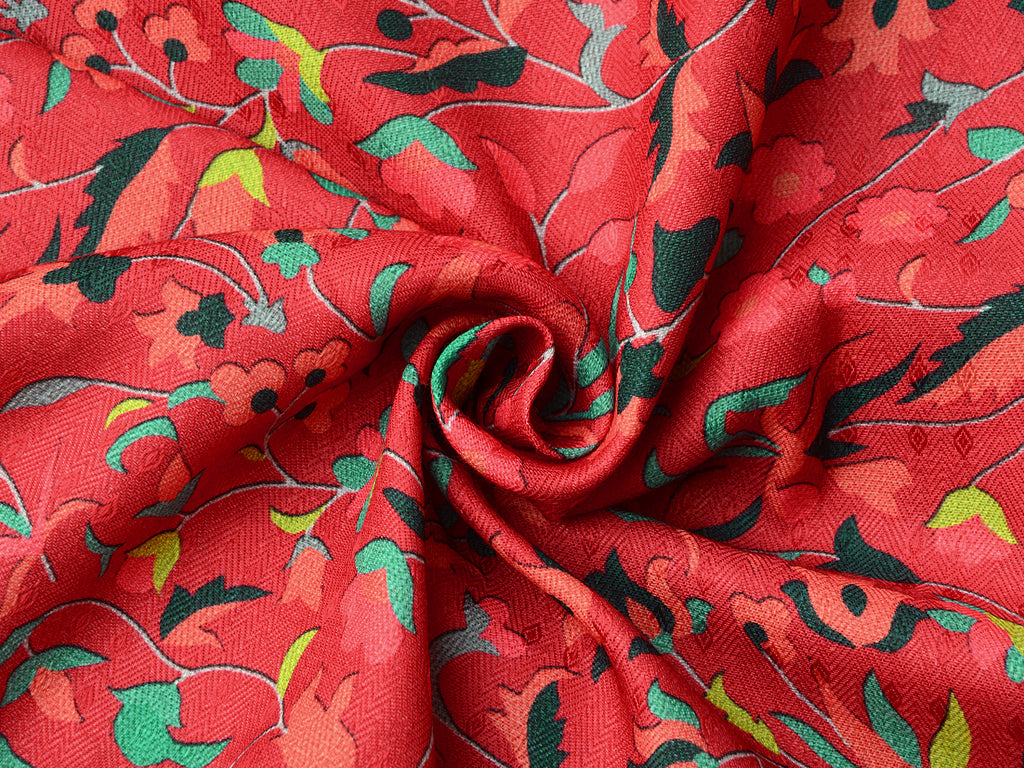 Dark Red Floral Semi Pashmina Wool Fabric
