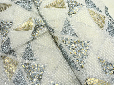 White Pure Viscose Georgette With Sequins Embroidered Fabric