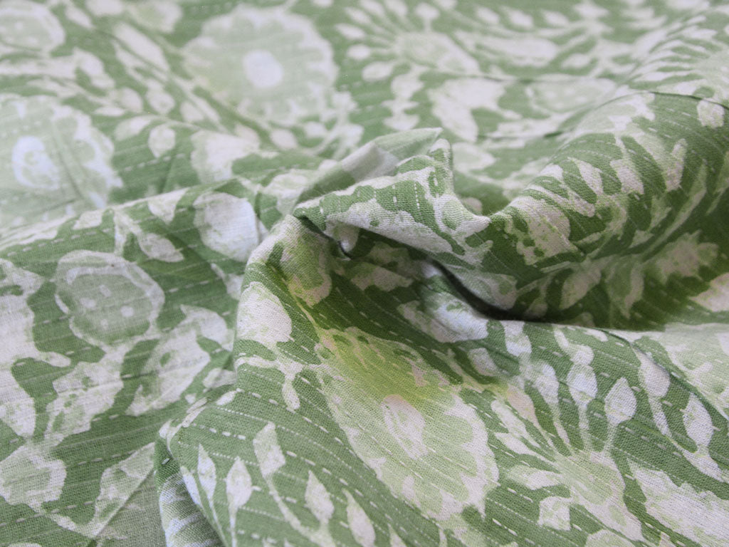 Pista Green Floral Pure Cotton Kantha Fabric