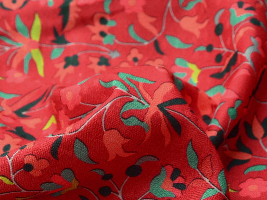Dark Red Floral Semi Pashmina Wool Fabric