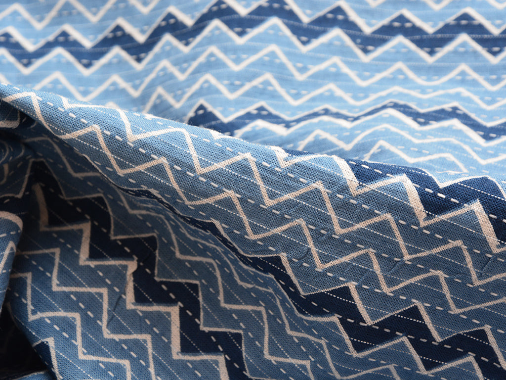 Tri Blue Chevron Pure Cotton Kantha Fabric