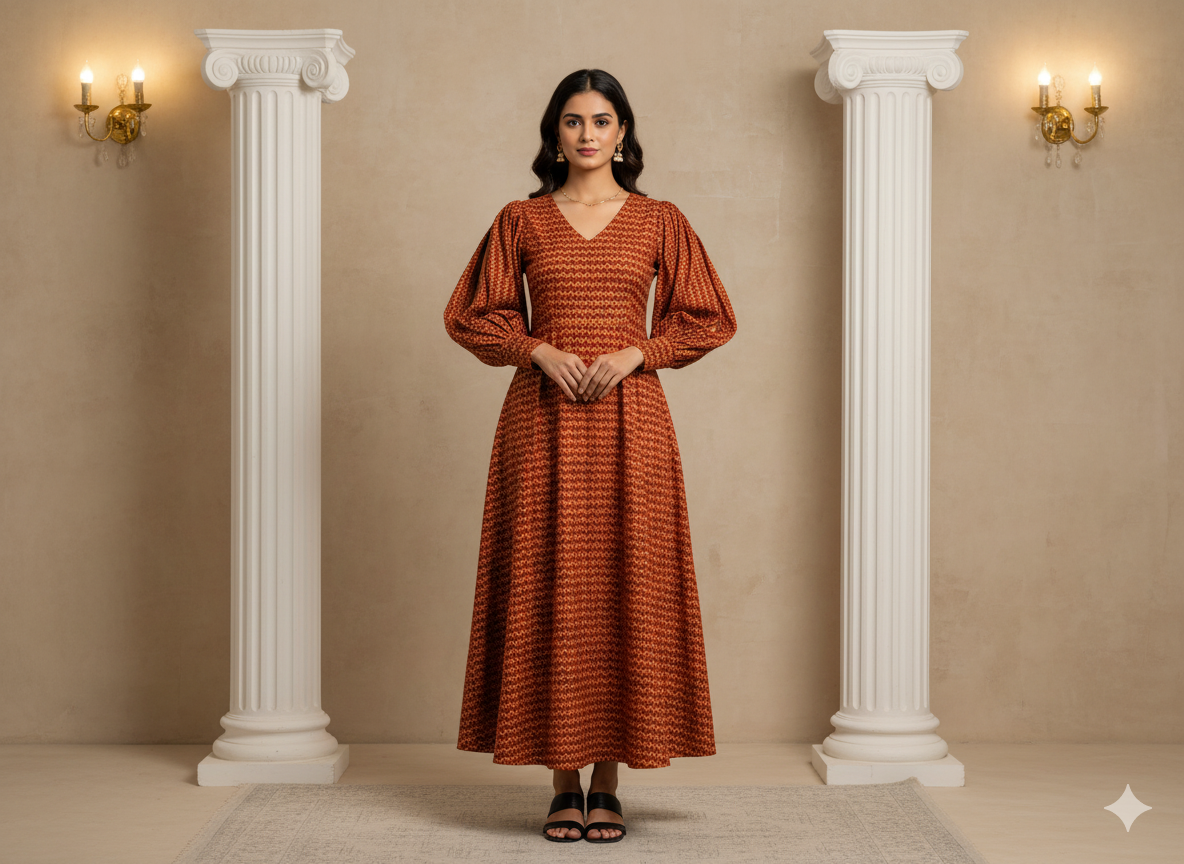 Marron Zigzag Printed Semi Pashimna Woolen Fabric