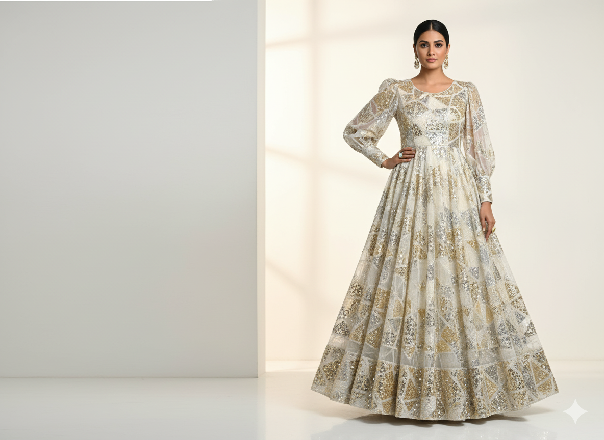 White Pure Viscose Georgette With Sequins Embroidered Fabric