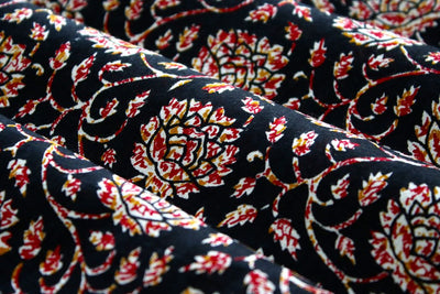 Black And Maroon Floral Printed Pure Cotton Fabric