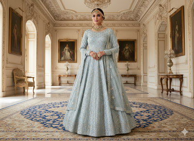 बेबी ब्लू मेटैलिक सेक्विन कढ़ाई मलाई साटन फैब्रिक