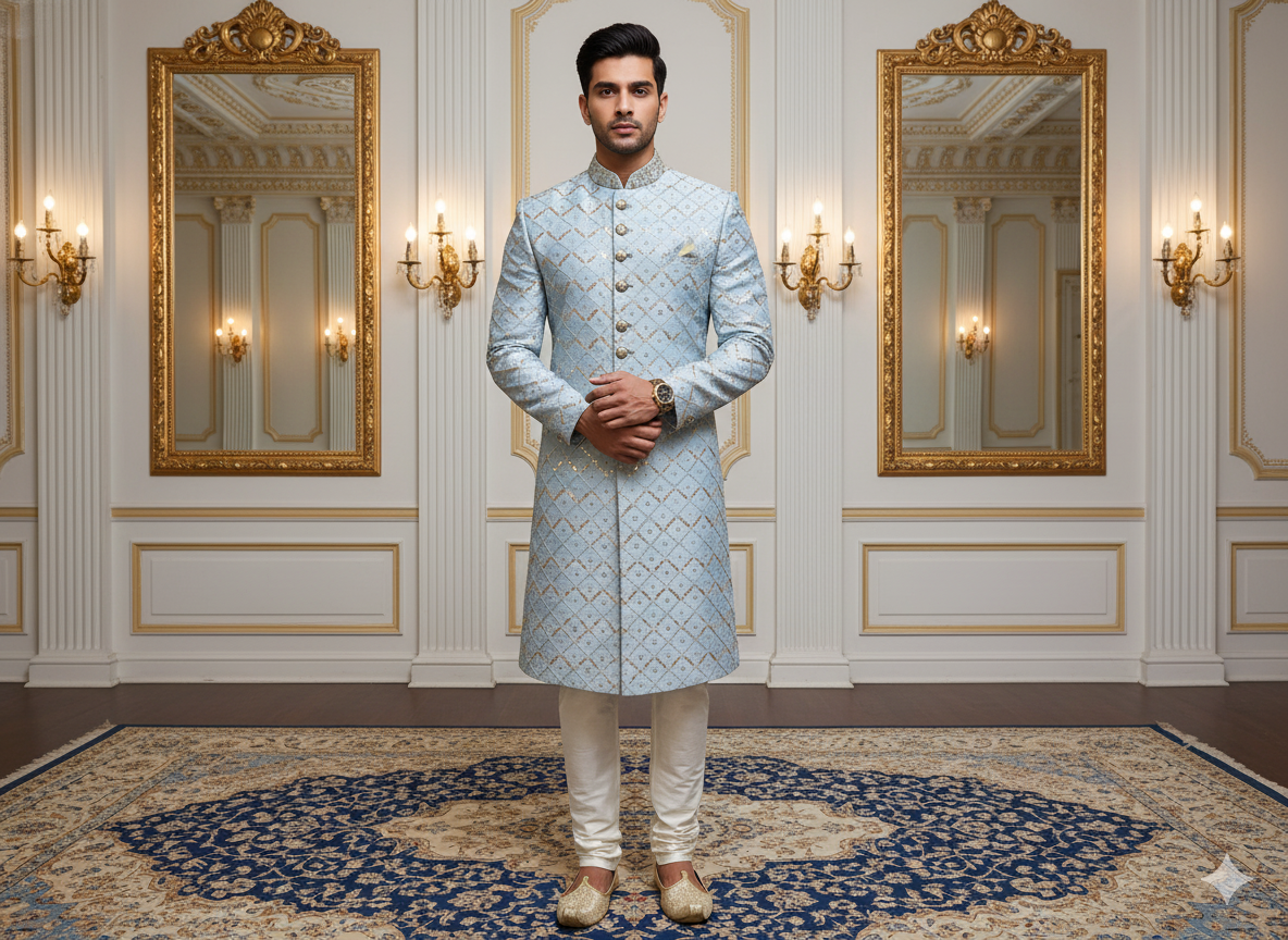 बेबी ब्लू मेटैलिक सेक्विन कढ़ाई मलाई साटन फैब्रिक