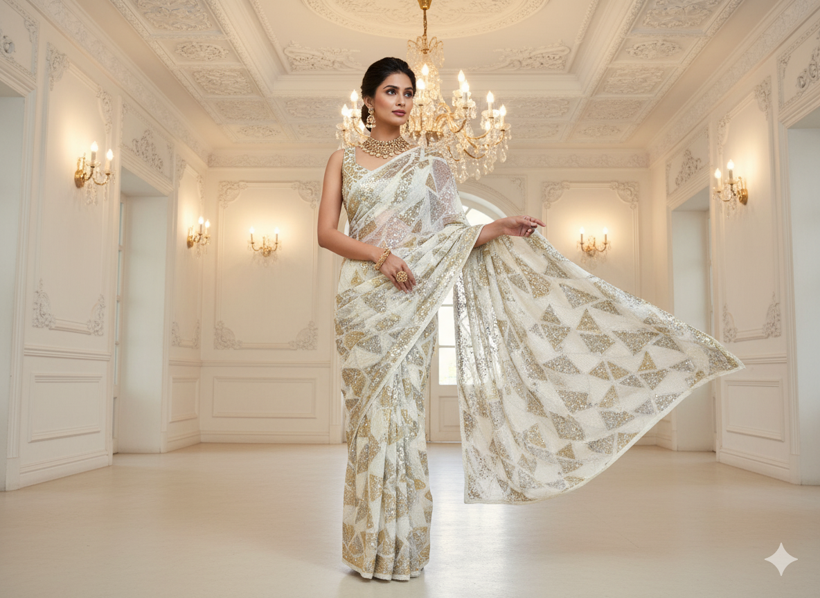 White Pure Viscose Georgette With Sequins Embroidered Fabric