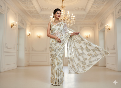 White Pure Viscose Georgette With Sequins Embroidered Fabric