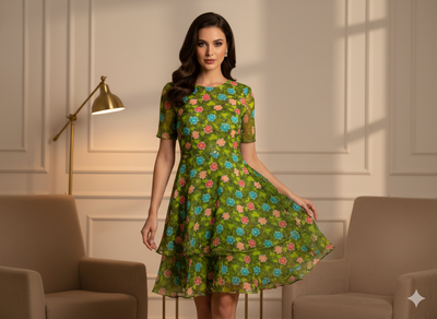 Grass Green Floral Digitally Printed Butter Crepe Fabric